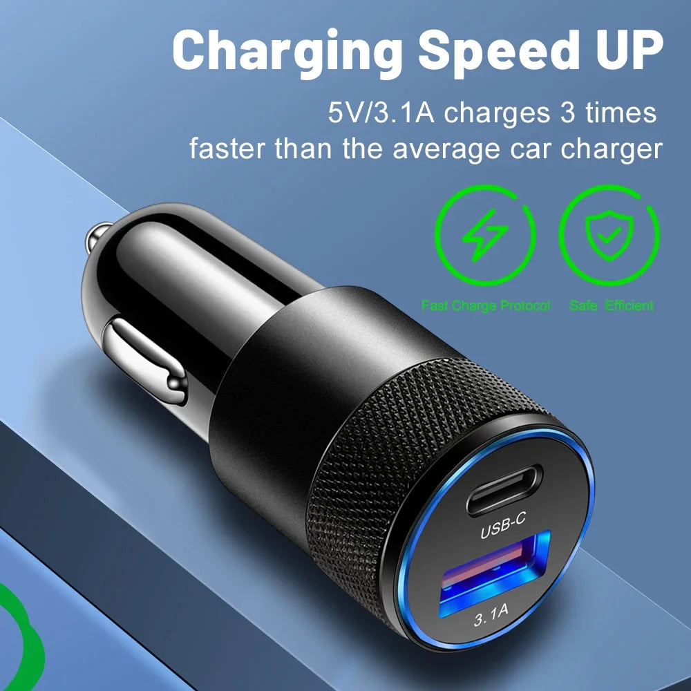 3.1A USB Car Charger Type C Fast Charging Phone Adapter For iPhone Xiaomi Huawei Phone Charger Adapter Socket Cigarette Lighter