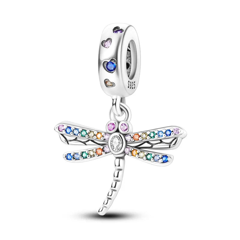 100% 925 Sterling Silver Exquisite Colored Dragonfly Charms Pendants Sparkling Zircon Fit Qikaola Original Bracelets DIY Jewelry