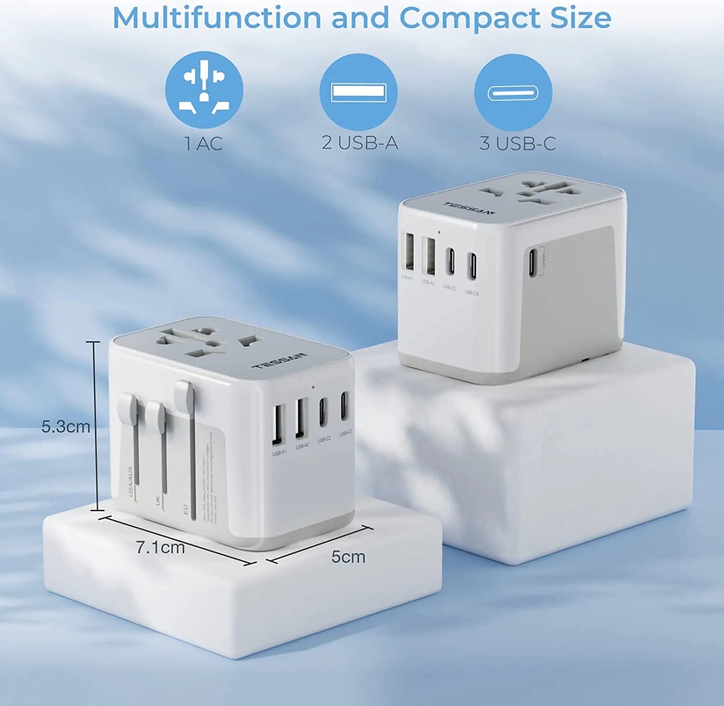 TESSAN Universal Travel Adapter with 2 USB Ports & 3 Type C, International Plug All-in-one Wall Charger for US EU UK AUS Travel