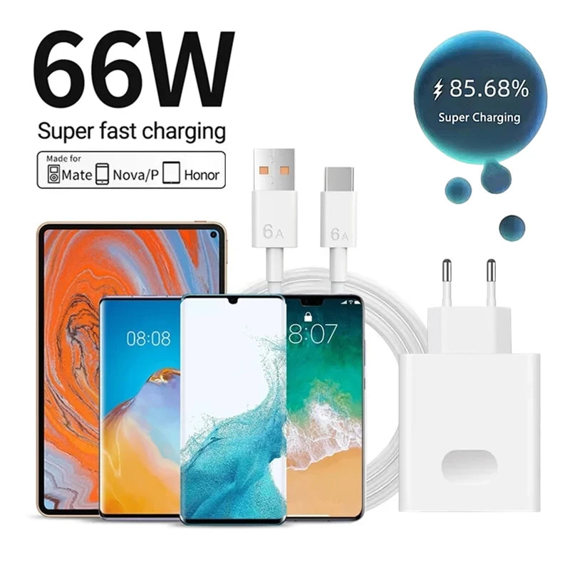 66W Super Fast Charger For Huawei Mate 40 50 P50 P60 Nova 11 Honor 90 100 X8b Magic 5 Lite 6 Pro Type C Quick Charging 6A Cable
