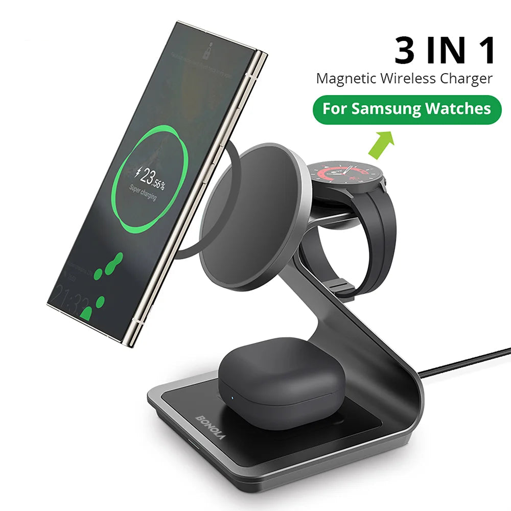 Bonola Magnetic 3 in 1 Wireless Charger Station for Samsung S24 Ultra/S25 25w Fast Charging Stand for Galaxy Watch 7/6/5/Earbuds