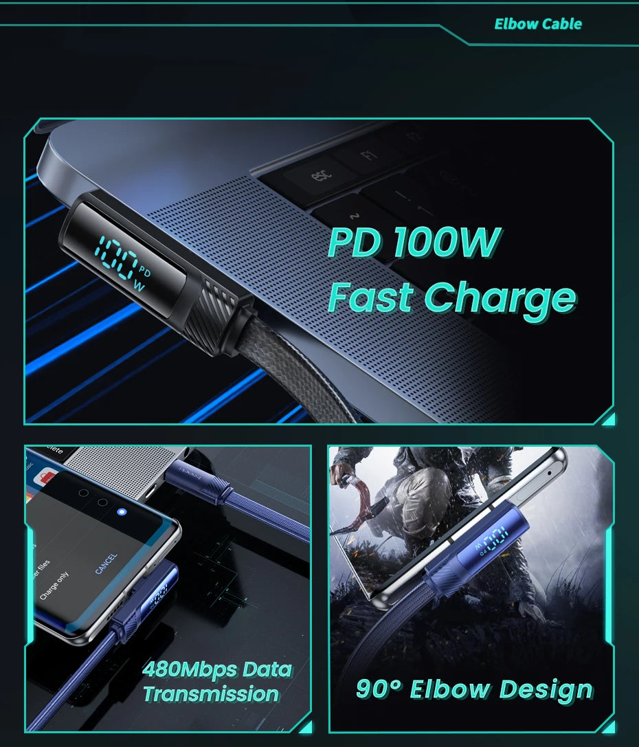Toocki PD 100W 90 Degree USB Type C Cable to USB C Fast Cahrging for Macbook Xiaomi Huawei OPPO Samsung Huawei Display Cable