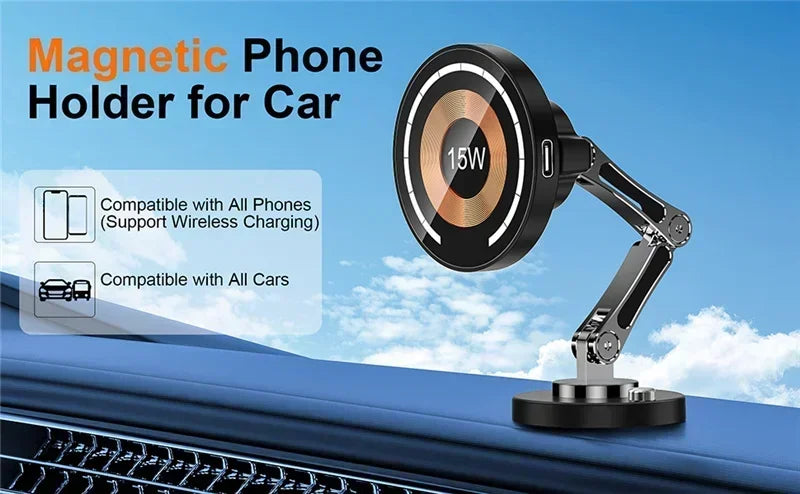 Car Magnetic Wireless Charger Dashboard Phone Holder Adjustable Long Arm For Magsafe iPhone 16 15 14 13 12 Pro Max Fast Charging