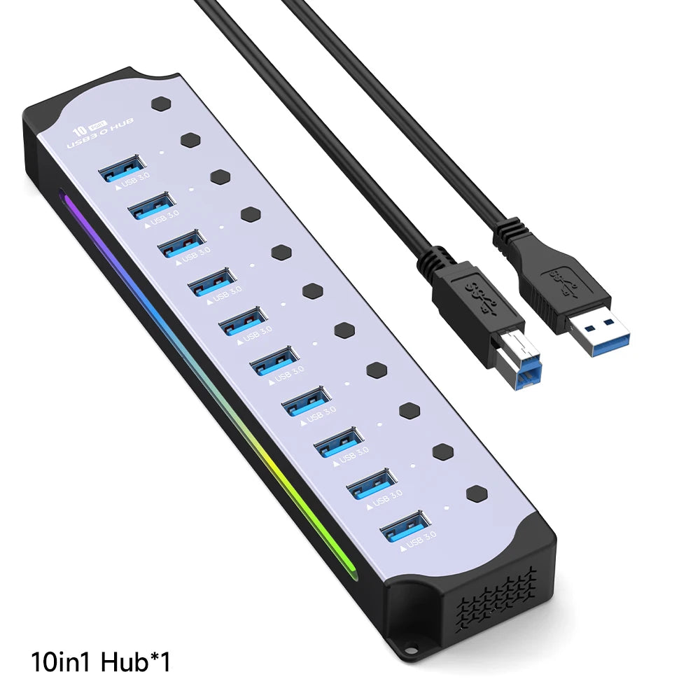 10 in 1 Powered USB HUB USB 3.0 Interface Individual Switch RGB E-Marker Heat Dissipation Design DC 5V Power Supply Adapter