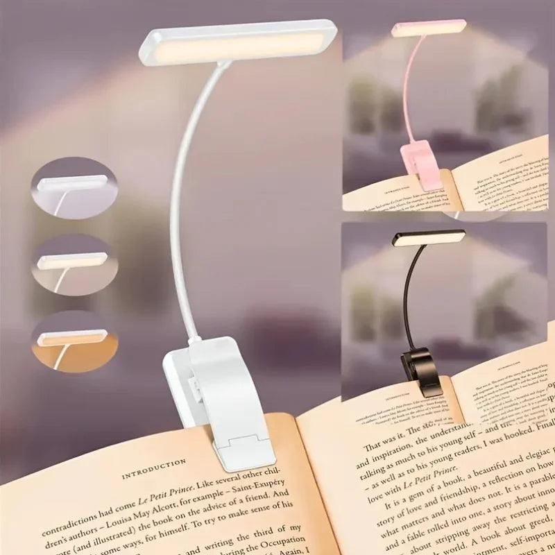 LED Book Light Reading Light Eye Caring Clip-on USB Rechargeable Dimmable Light Lamp Adjustable Flexible Night Reading Lamp