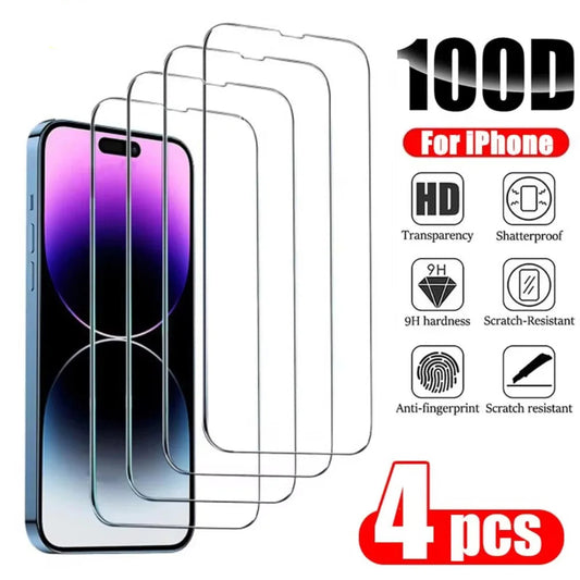 4PCS Tempered Glass Screen Protector For iPhone 13 16 15 12 11 Pro Max 14 15 16 Plus For 16e 12 13 Mini Toughened Glass