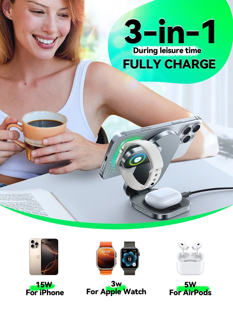 Joyroom Qi2 3 in 1 Wireless Charging Station Foldable Fast Wireless Charger Stand for iPhone 16/15/14/13/12 & Apple Watch JR-W17
