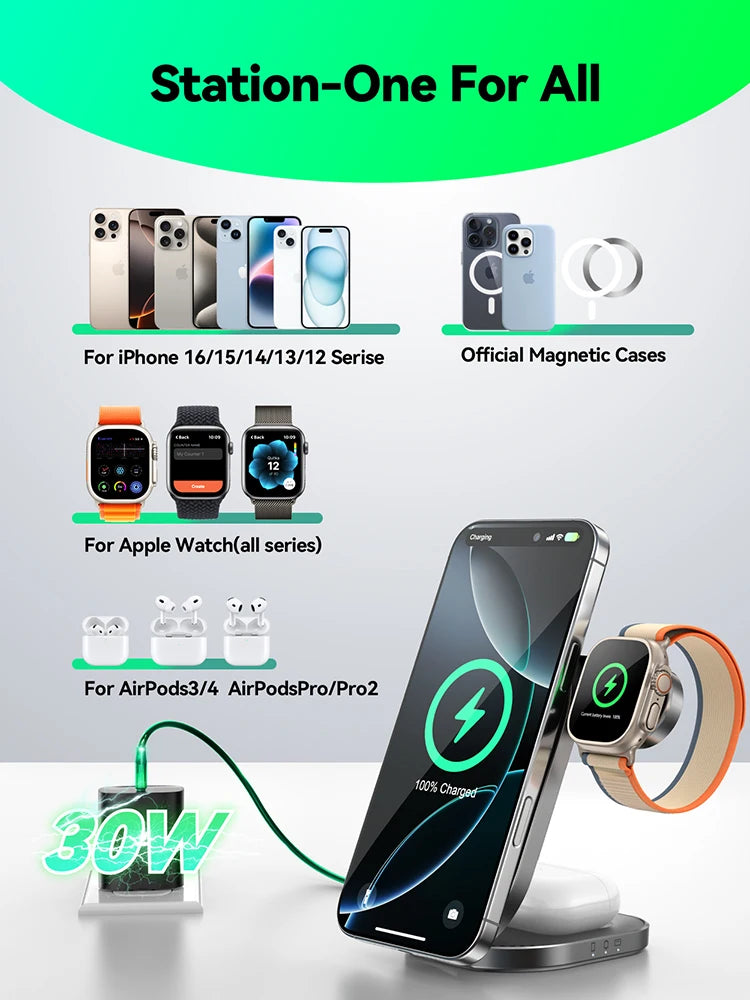 Joyroom Qi2 3 in 1 Wireless Charging Station Foldable Fast Wireless Charger Stand for iPhone 16/15/14/13/12 & Apple Watch JR-W17