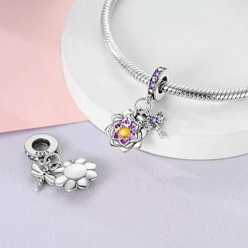 100% 925 Sterling Silver Exquisite Colored Dragonfly Charms Pendants Sparkling Zircon Fit Qikaola Original Bracelets DIY Jewelry