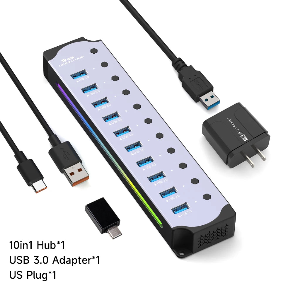 10 in 1 Powered USB HUB USB 3.0 Interface Individual Switch RGB E-Marker Heat Dissipation Design DC 5V Power Supply Adapter
