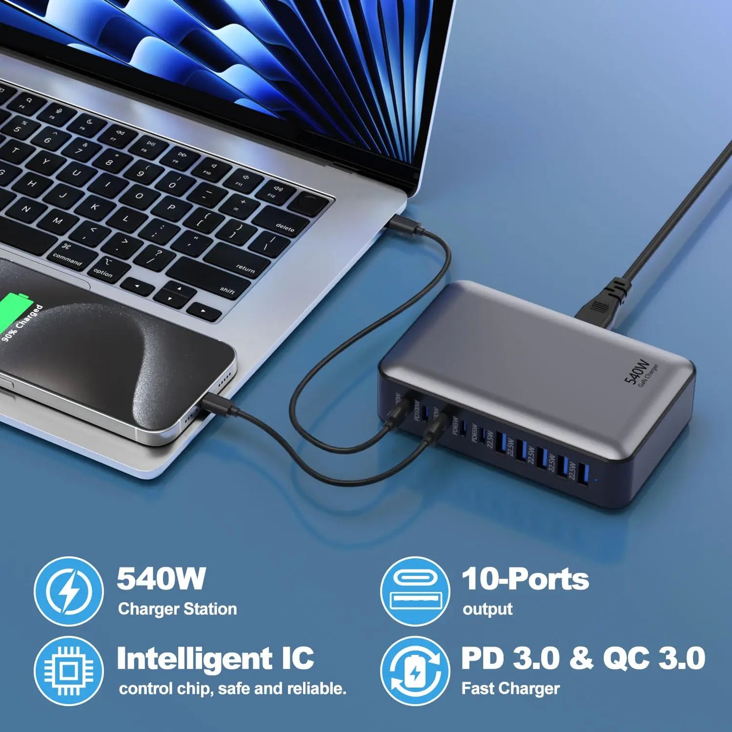 200/300/540/620W GaN high power Multi-Port Fast Charger multiple charging Station for iphone, for MacBook, for Samsung etc