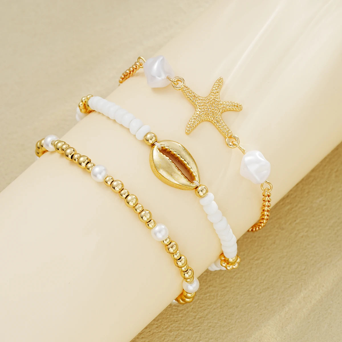 3Pcs/Set Seaside Bohemian Starfish Shells Anklet Set for Women Gold White Color Rice Beads Foot Chain Summer Beach Jewelry Gifts