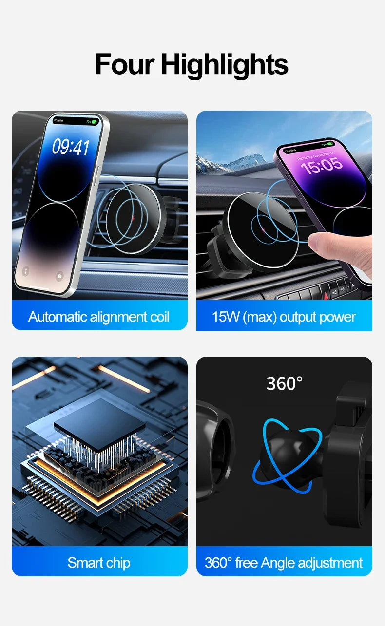 30W Car Magnetic Wireless Charger Phone Holder Stand for iPhone 15 14 13 12 Pro Max Samsung Car Mount Fast Charging Dock Station