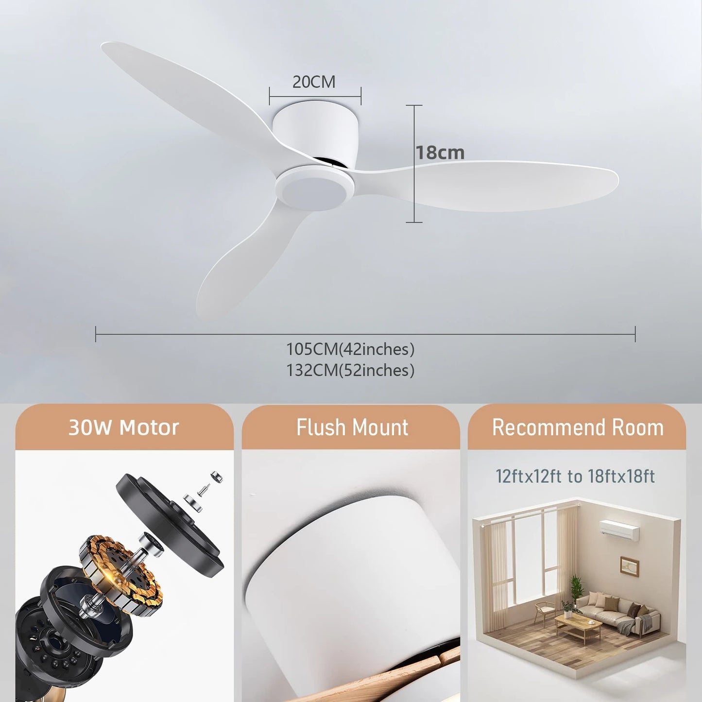 IRALAN 42inch/52inch Ceiling Fan without Light,6-Speed Reversible,Timer,Outdoor Bedroom Living Room-White/Black/Wood