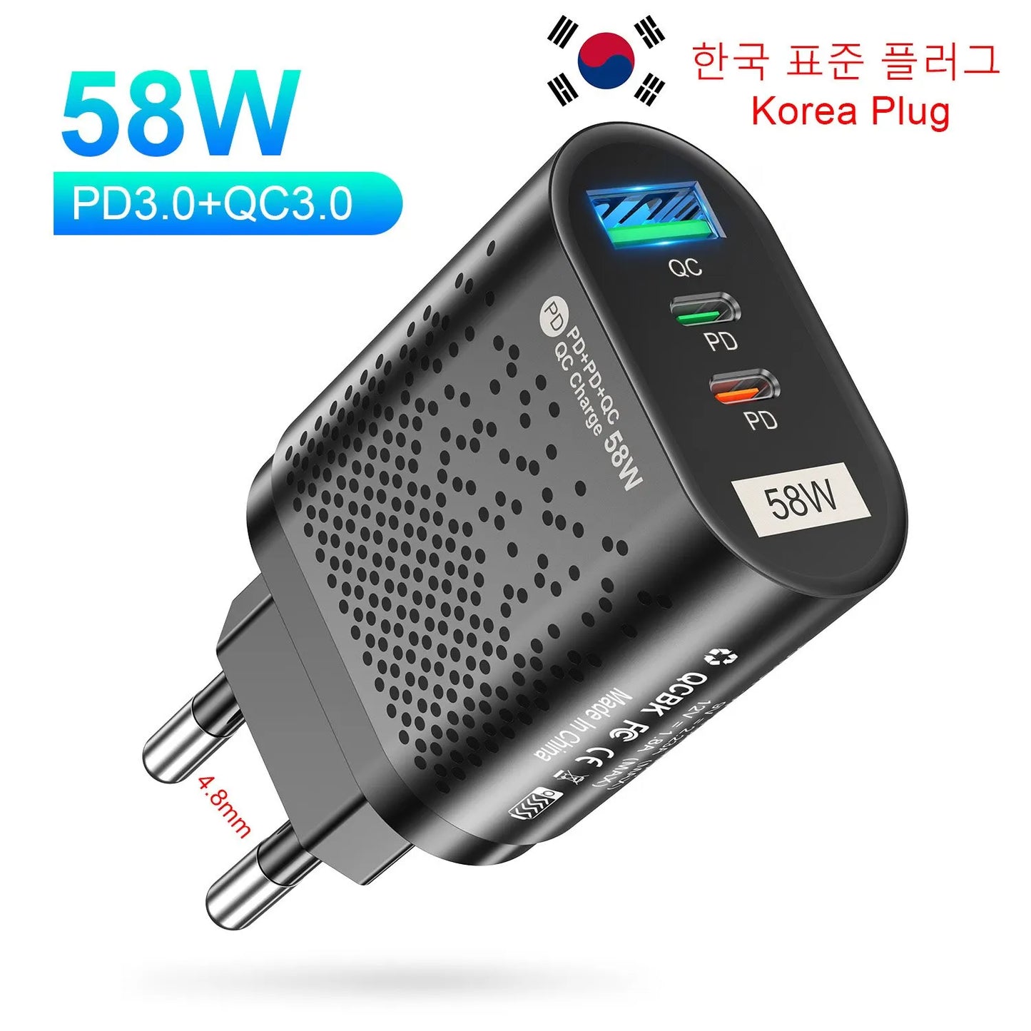 USLION 58W USB C Charger Travel Fast Charging Charger Tablet Laptop PD Quick Charge 3.0 Wall Phone Adapter For iPhone 15 Xiaomi