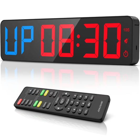 Gym Timer 15" Large LED Display Wall Clock,Interval Workout,Count Down & Up,Stopwatch, Adjustable Volume,Upgraded Remote