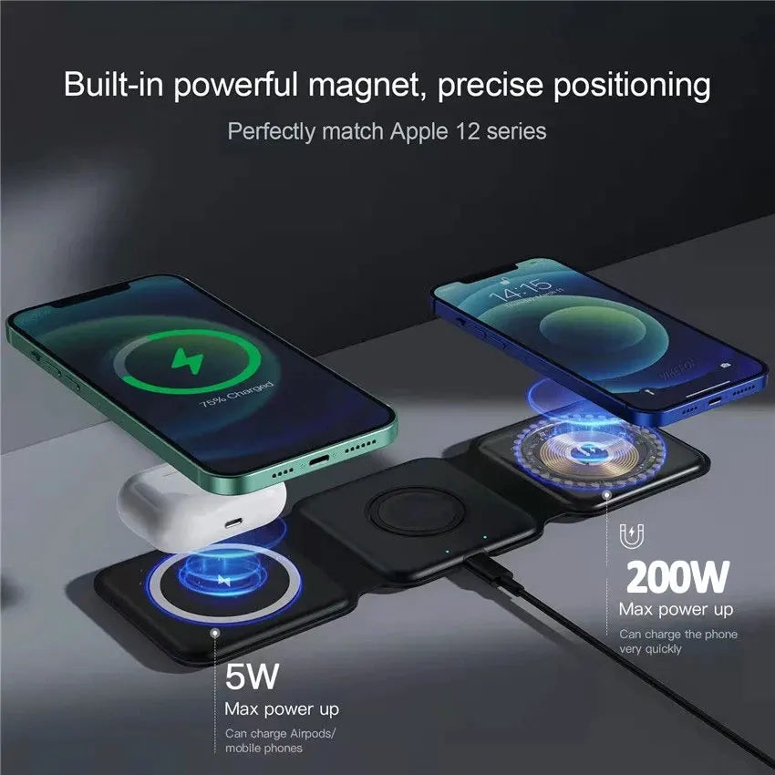 100W 3 in 1 Magnetic Portable Wireless Charger Pad for iPhone 14 13 12 XR Pro Max Apple Watch AirPods Fast Charging Dock Station
