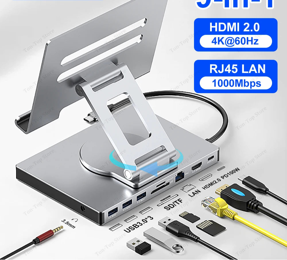 9-in-1 Tablet Docking Station USB C HUB Type C to HDMI2.0 4K 60Hz USB 3.0 5Gbps Fast 1000Mbps RJ45 Adapter PD 100W for PC Laptop