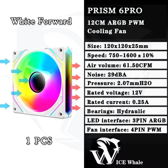 ICE Whale Prism 6PRO PC Case Fan 12cm 3-sided Infinite Mirror 5V 3PIN ARGB Motherboard Lighting Sync 4PIN PWM Silent Cooling Fan