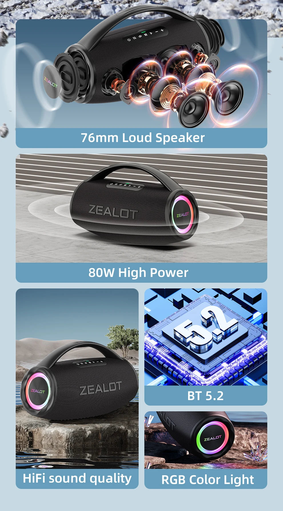 ZEALOT-S97 80W Bluetooth Speaker Powerful Wireless Speaker with Portable Handle, for Party, Camping,RGB Colorful Light