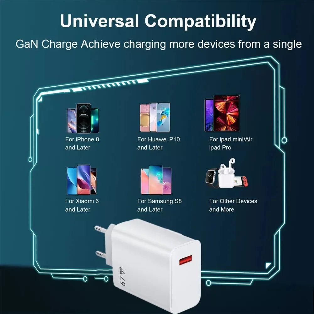 67W USB Fast Charger With 6A Type C Cable Phone Power Adapter For 12 POCO X5 X4 Pro Redmi Note 10 11 Charging Adapter