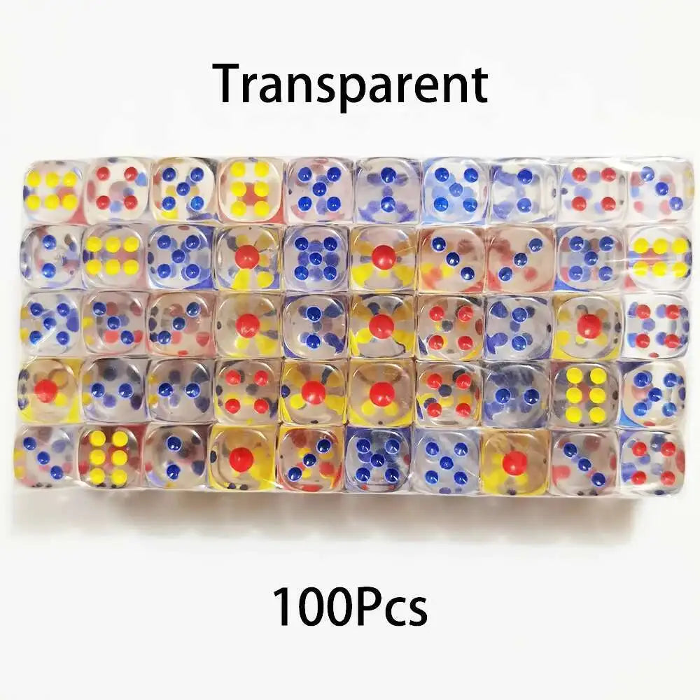 100PCS  D6 Dice 12mm 6 Sided Multicolor Transparent Color Acrylic Rounded Edges Dice For Table