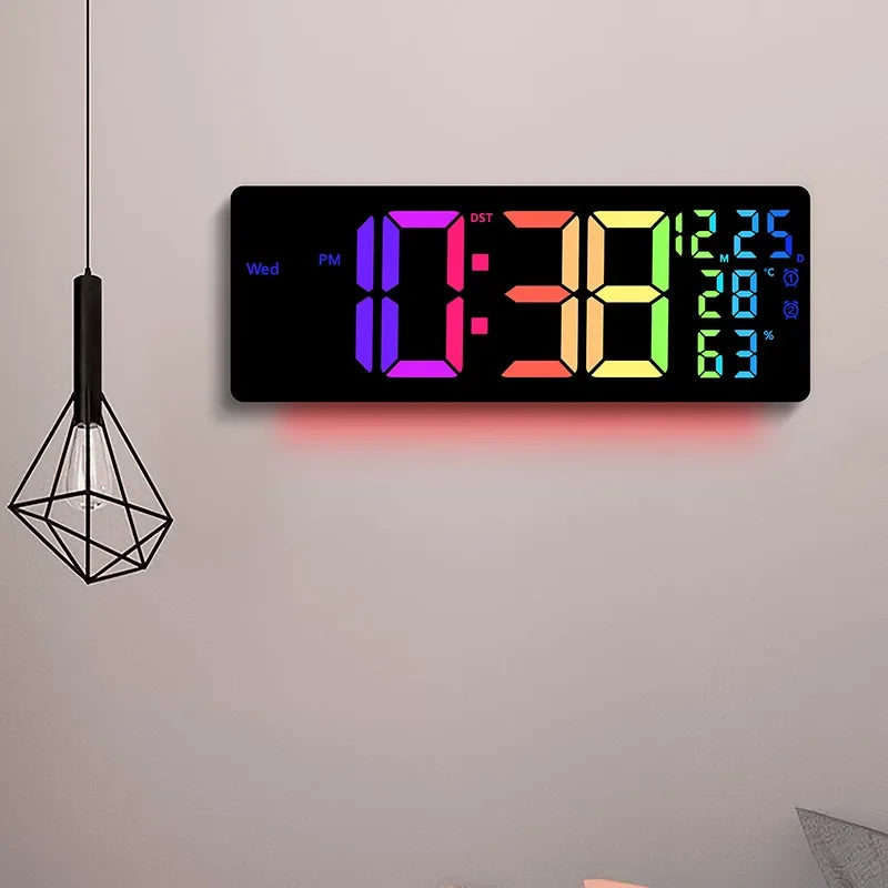 17" Large Digital Alarm Clock with 11Colors & Dynamic RGB Display RGB LED Wall Clock with Colour Changing/Dual Alarm/Room Decor