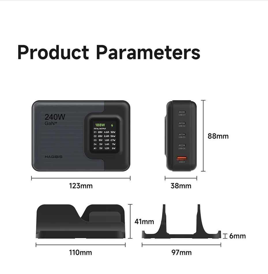 Hagibis 240W USB C Charger 5 Ports GaN 140W PD3.1 Fast Charger Desktop Charging Station with LCD Display For MacBook Pro Laptops