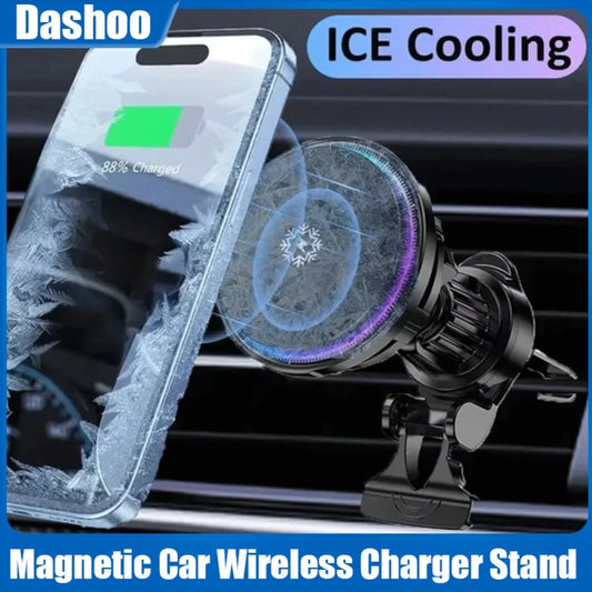 Ice Cooling Magnetic Car Wireless Charger Station for iPhone 16 15 14 13 Pro Max MacSafe Car Phone Holder Stand Fast Charge Dock
