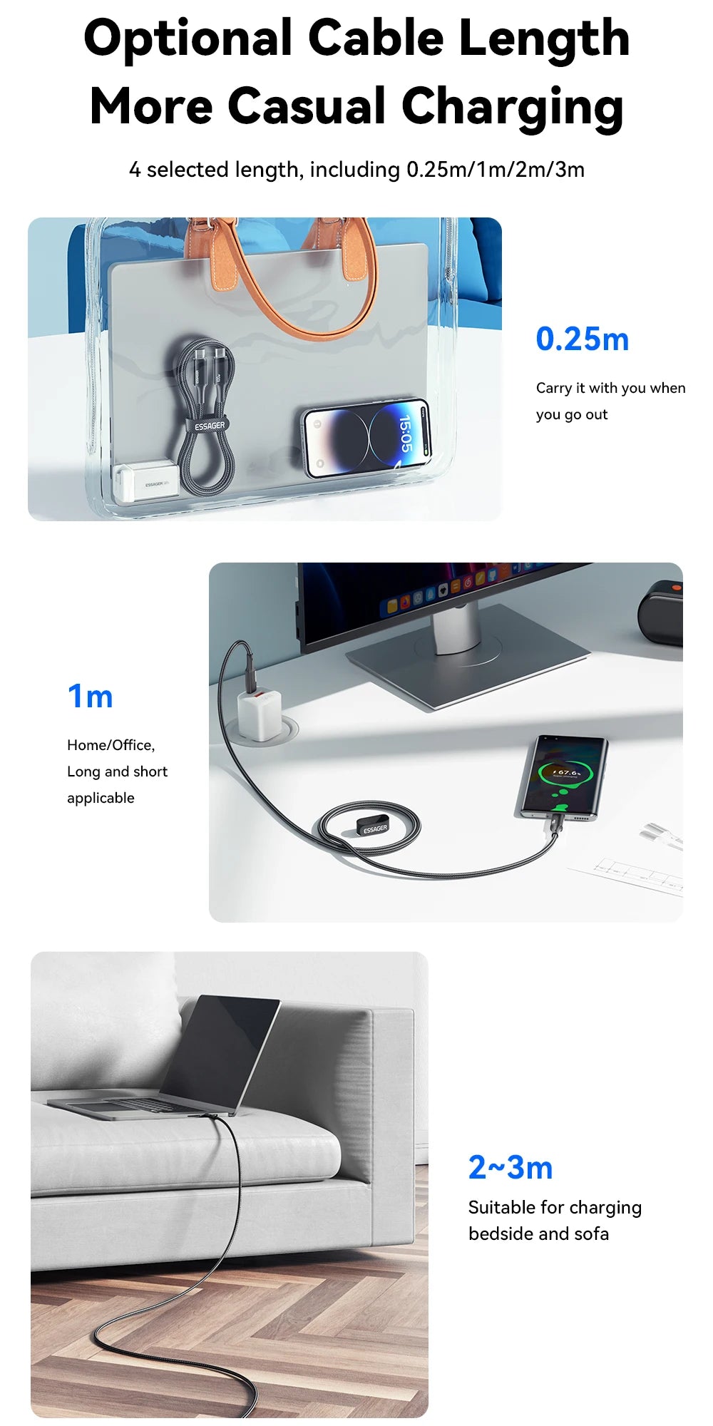 Essager PD 100W Type C to C Cable USB Type-C 5A Fast Charging Mobile Phone Cable For MacBook iPad Oneplus Xiaomi iPhone 16 Cable