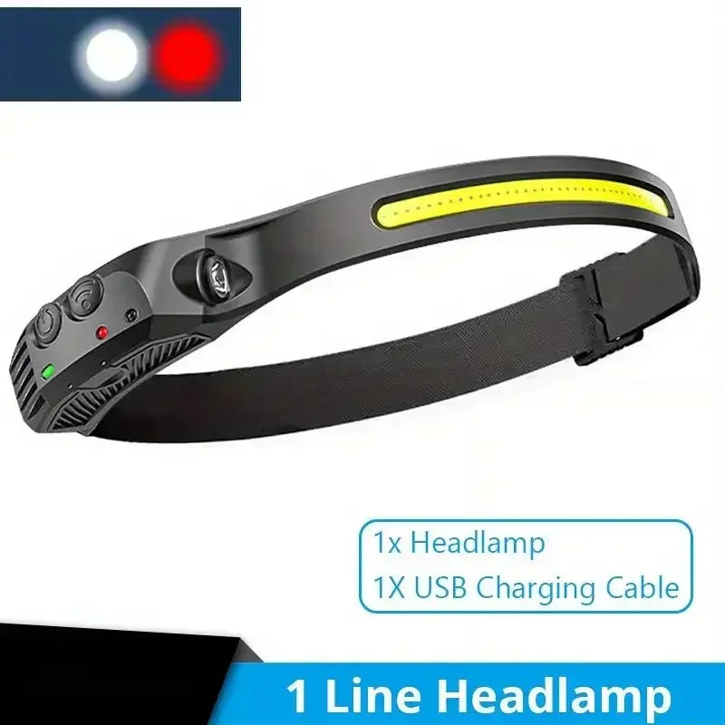 Multi-functional COB Headlamp Induction 6000K LED Bar Head Torch Work Light 5 Modes Rechargeable for Climbing Running Cycling