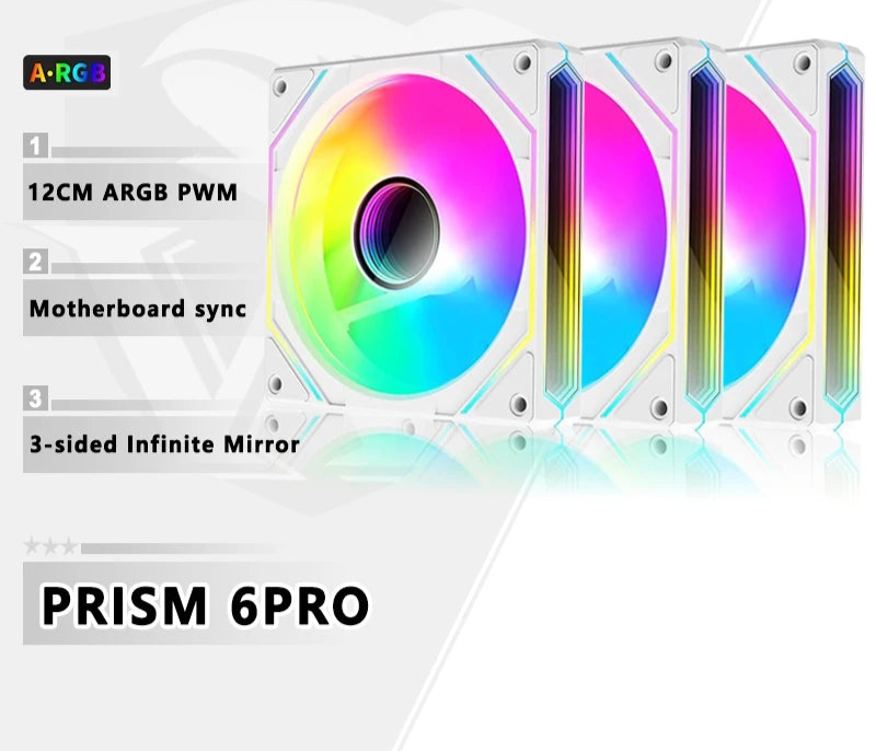 ICE Whale Prism 6PRO PC Case Fan 12cm 3-sided Infinite Mirror 5V 3PIN ARGB Motherboard Lighting Sync 4PIN PWM Silent Cooling Fan