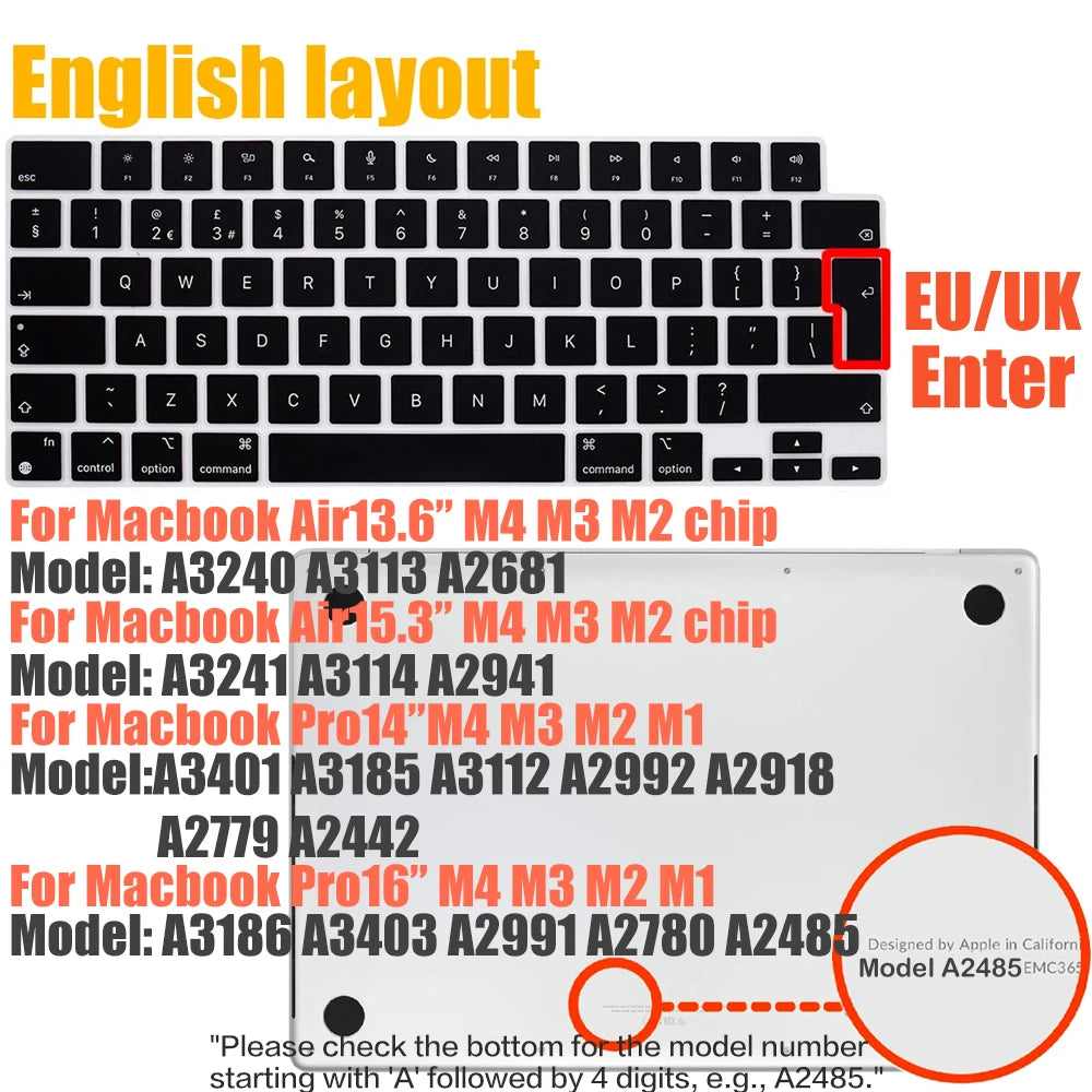 Compatible keyboard cover for 2025 MacBook Air 13.6 M4 A3240 A3113 MacBook Pro14 16 M4 M3 A3185 A3401 A3403 A2991 with touch ID