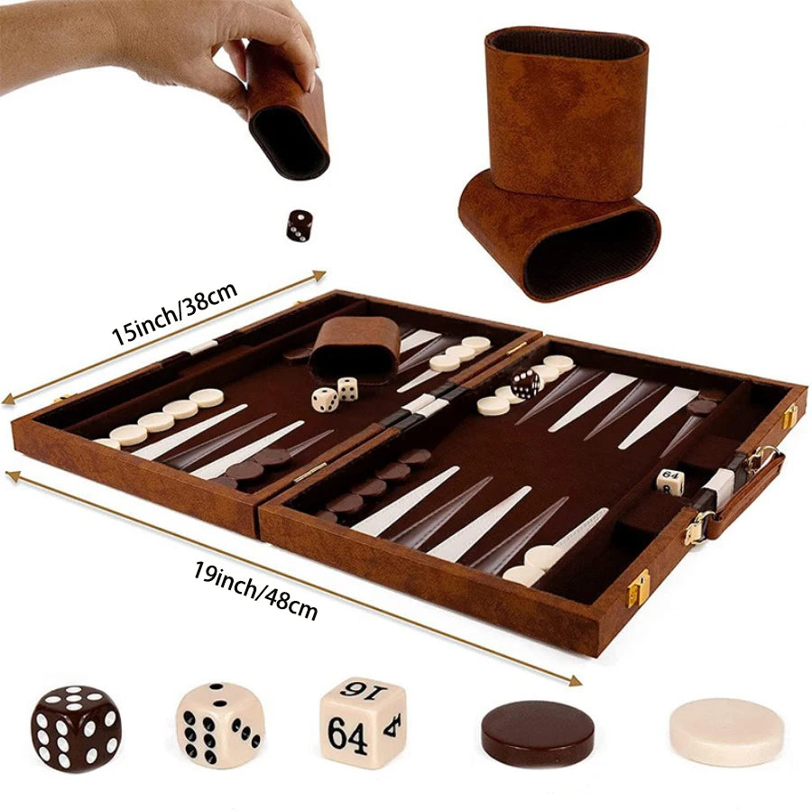 38cm Backgammon Set Classic Folding Board with Leather Case, Portable Travel Game, Ideal Gift Package for Strategy Lovers