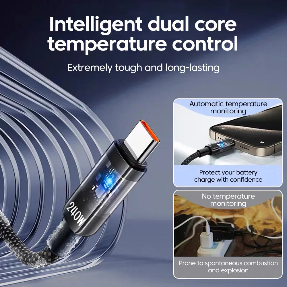 NNBILI USB C Quick Charging Cable 240W Nylon Braided Transparent Type C High-speed Charger Wire for Samsung Huawei Mi Data Line