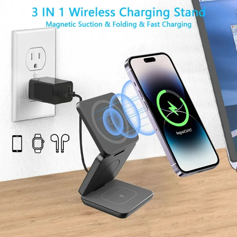 Magnetic Wireless Charger 3 in 1 Stand For Macsafe iPhone16 15 14 13 12 Apple Watch 8 7 6 Airpods Pro Fast Charging Dock Station