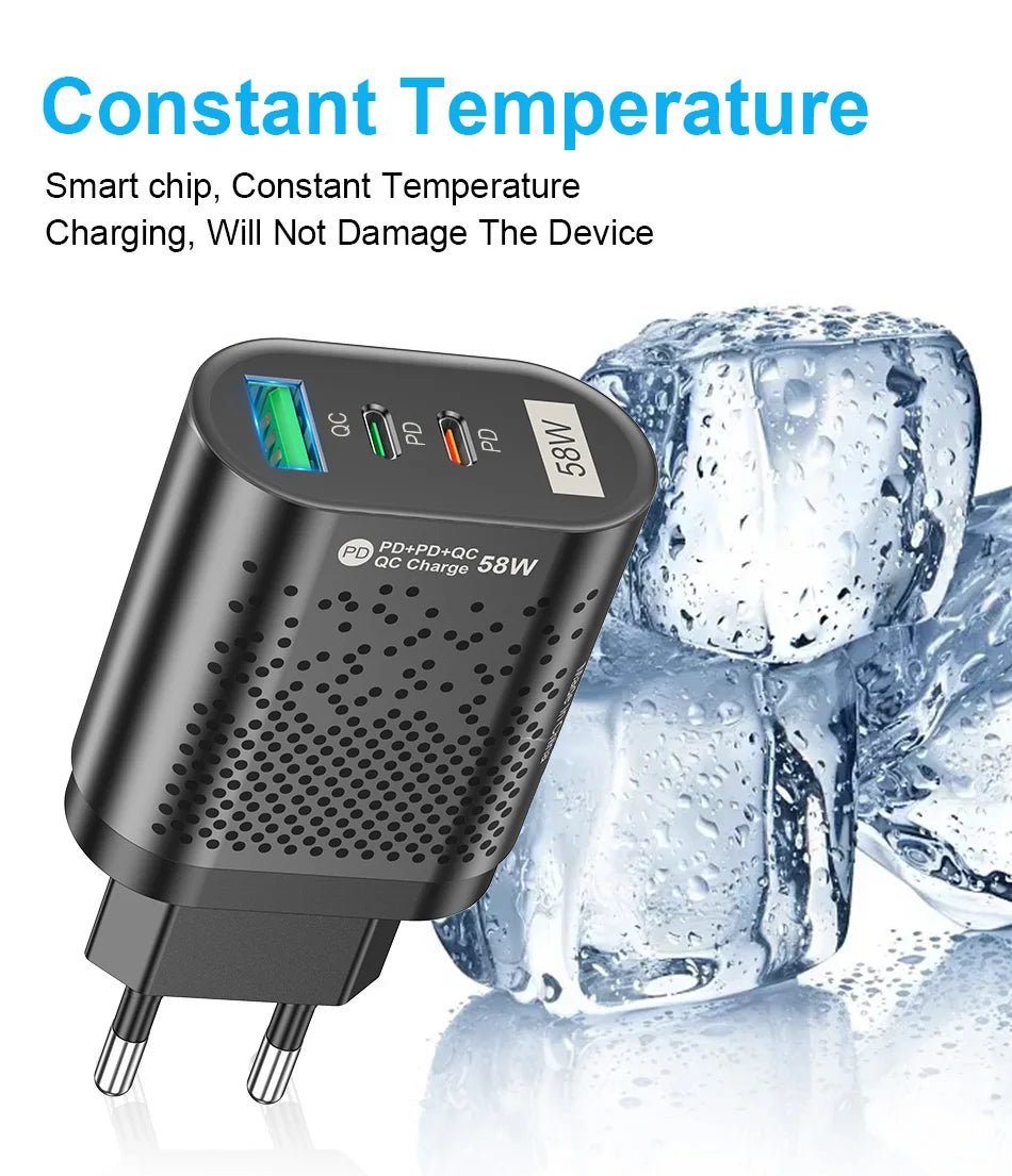 USLION 58W USB C Charger Travel Fast Charging Charger Tablet Laptop PD Quick Charge 3.0 Wall Phone Adapter For iPhone 15 Xiaomi