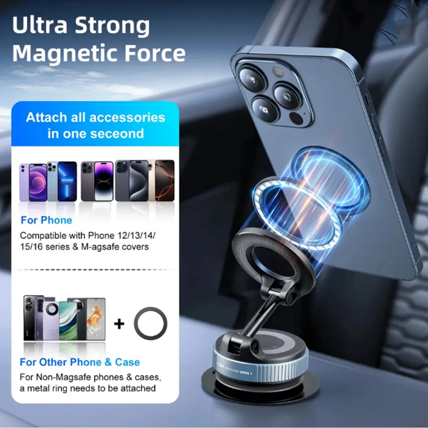 K007 For iphone 14 15 16 Strong Magnetic Car Phone Holder Foldable Design 360° Adjustable Vacuum Mount for Car/Desk/Bathroom Use