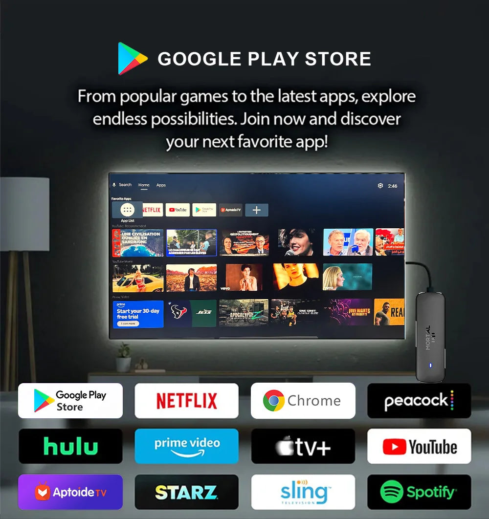 Factory Directly Android14 TV Stick Home theater Mortal Q8 Support 4K@60fps Video Wifi6 Allwinner H313 Quad Core Voice Remote