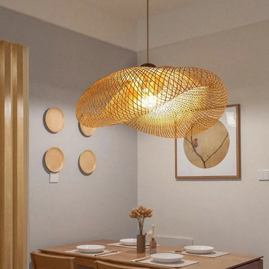 40/60/80cm Bamboo Weaving Chandelier Unique Home Decor LED Pendant Light Handmade Vintage Ceiling Lamp for Dining Living Room