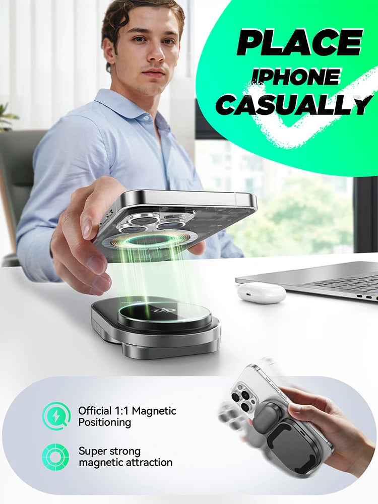 Joyroom Qi2 3 in 1 Wireless Charging Station Foldable Fast Wireless Charger Stand for iPhone 16/15/14/13/12 & Apple Watch JR-W17