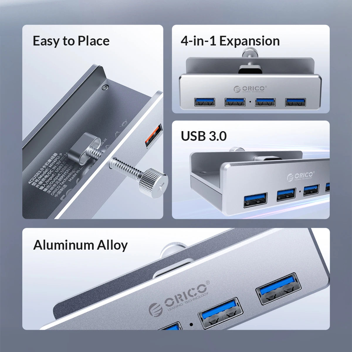 ORICO MH4PU 5GBPS Data Transmission Hub Aluminum 4 Ports USB 3.0 Clip HUB with Power Supply High Speed for MAC OS PC
