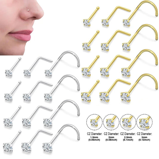 4-12pcs Cubic Zirconia Nose Studs 20G Nose Piercing Jewelry Bone L Shaped Shiny Crystal Bone Nostril Piercing Jewelry