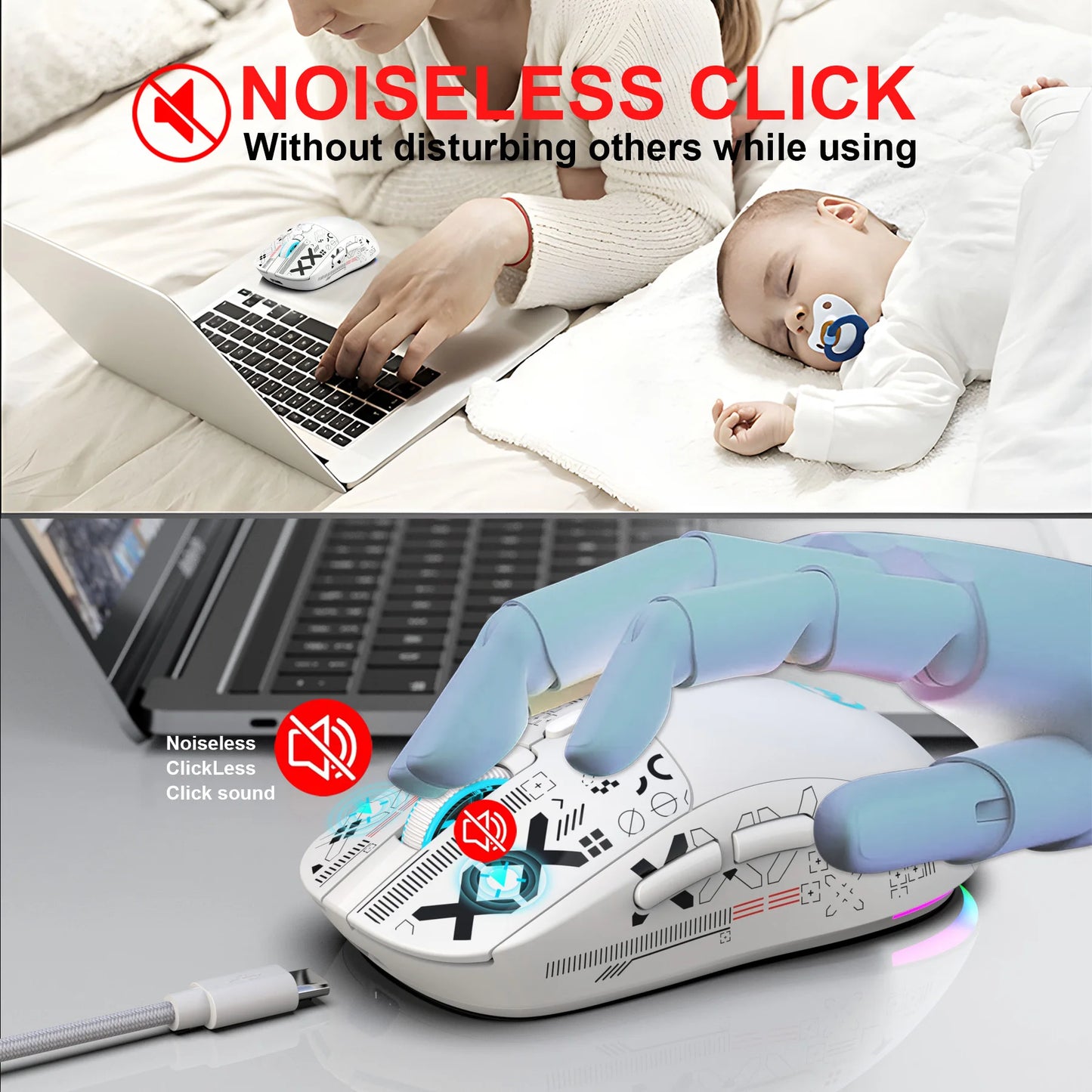 T90 Wireless Bluetooth Mouse RGB (BT1/BT2+ USB) 2.4GHz Rechargeable Silent Bluetooth Wireless Mouse with Type C Adapter