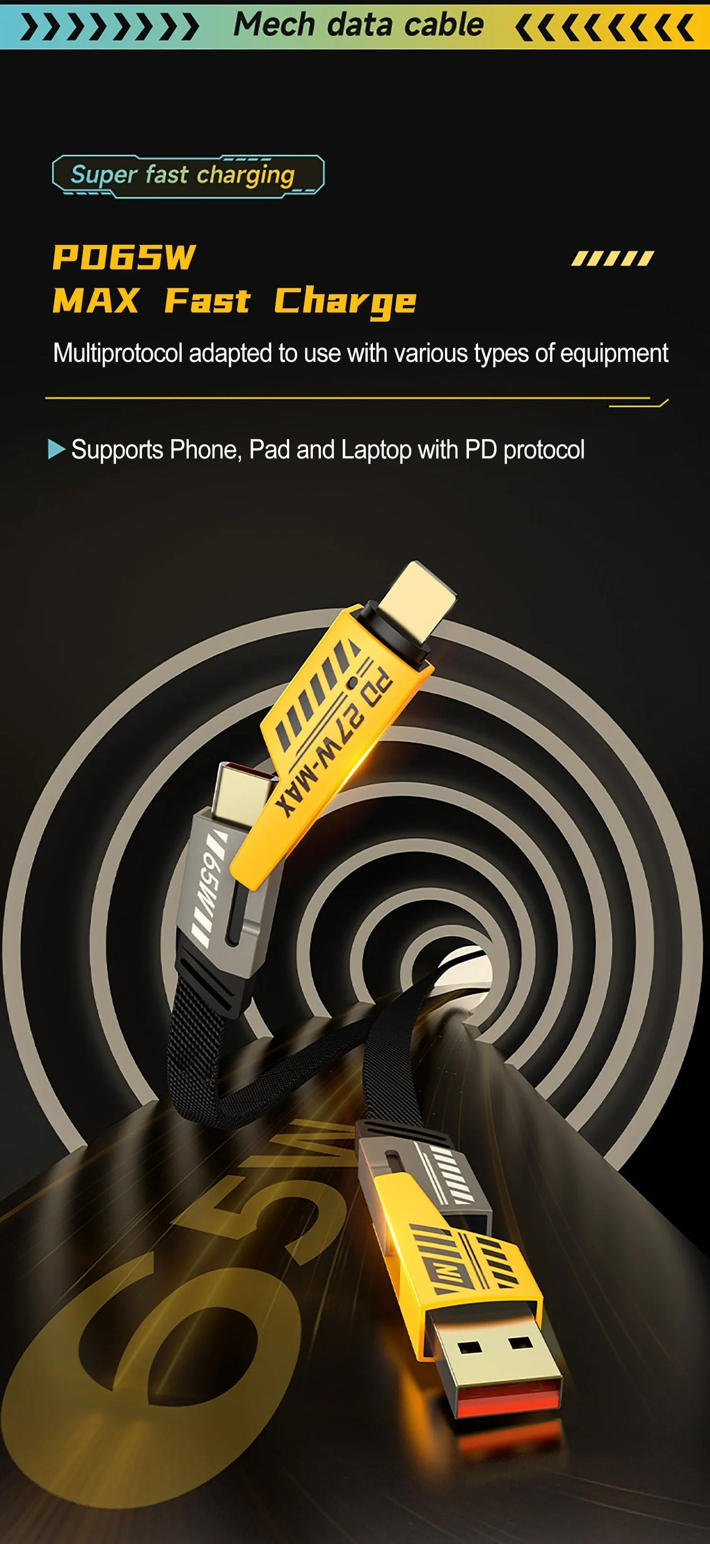 4 In 1 PD 65W USB Type C Data Cable Fast Charging For iPhone 16 15 14 13 12 Samsung Xiaomi Redmi Huawei Wire Cable Fast Charger