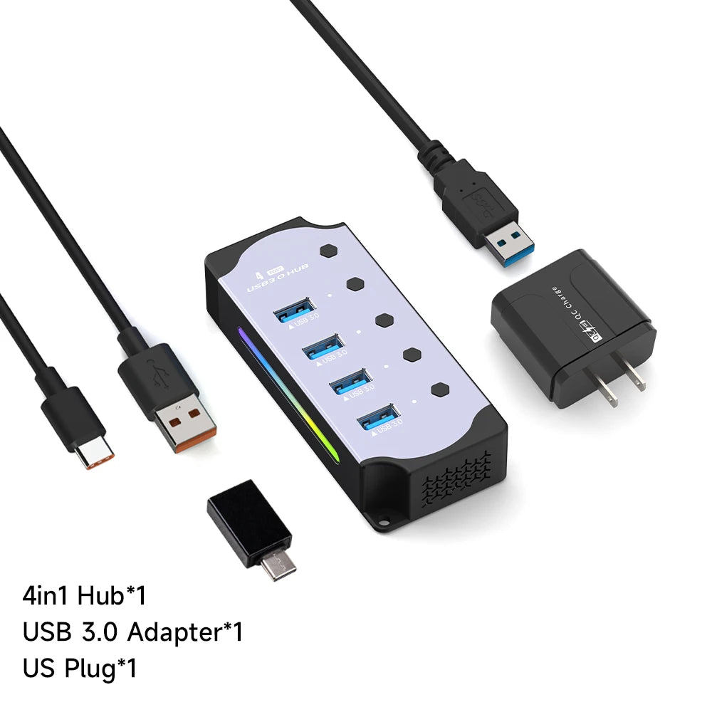 10 in 1 Powered USB HUB USB 3.0 Interface Individual Switch RGB E-Marker Heat Dissipation Design DC 5V Power Supply Adapter