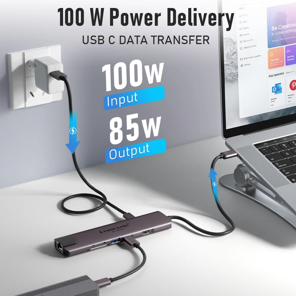 Lemorele 10 in 1 USB C HUB Docking Station Type C Adapter 4K@60Hz HDMI 100W PD RJ45 1000Mbps Ethernet SD/TF Slot for Mac Laptop