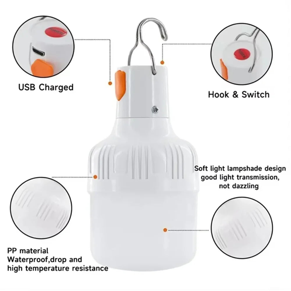 1pc USB Rechargeable LED Lamp Bulbs High Brightness Outdoor Emergency Light Hook Up Camping Fishing Portable Lantern Night Light