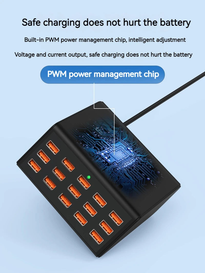 100W Desktop Universal USB Charger 15 Ports USB Fast Charging Station For Ipad Iphone16 15 14 13 Pro For Samsung EU Plug