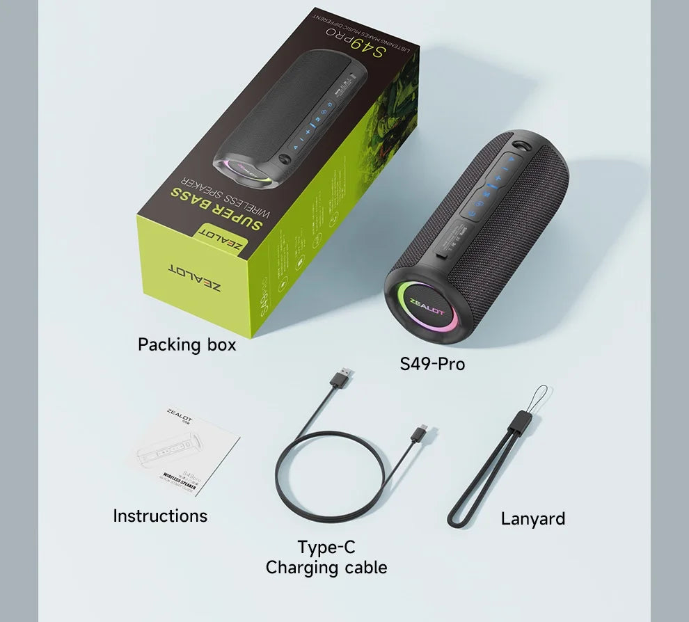 ZEALOT-S49PRO Portable Bluetooth Speaker 20W IPX6 Waterproof,Micro SD Card,AUX-in Plug,10H Playtime,RGB Light  Wireless Stereo